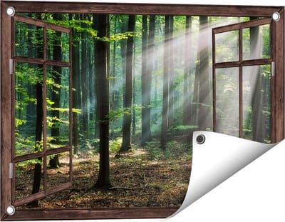 Gards Tuinposter Doorkijk Bos met Zon tussen de Bomen - 60x40 cm - Tuindoek - Tuindecoratie - Wanddecoratie buiten - Tuinschilderij