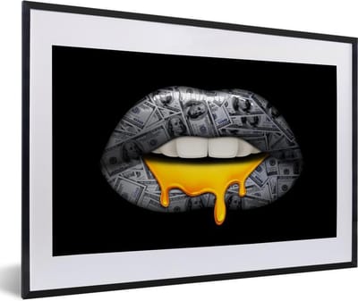 Fotolijst incl. Poster Zwart Wit- Lippen - Geld - Zwart Wit - 60x40 cm - Posterlijst