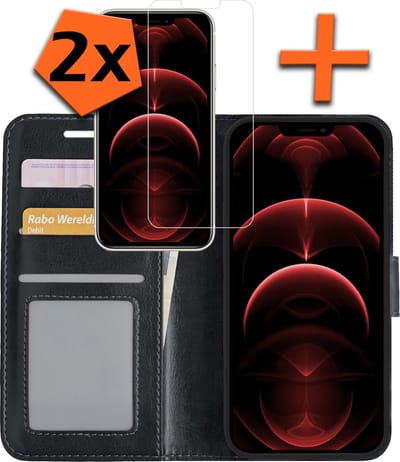 Hoes - Met 2x Screenprotector - Geschikt voor Apple iPhone 14 - Luxe Pasjeshouder - Bookcase Portemonee - Flip Case - Kunstleer Book Case - Flipcase Hoes - Book Cover - Walletcase - PortemonneeHoes - Zwart