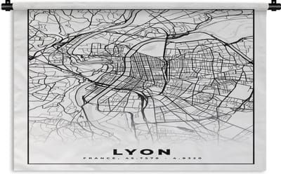 Wandkleed - Wanddoek - Lyon - Stadskaart - Plattegrond - Kaart - Frankrijk - Zwart wit - 180x120 cm - Wandtapijt