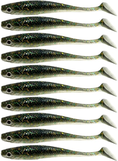S&D | Shad Set 10 Stuks – 9cm / 5.5g – Donkergroen – Realistisch Kunstaas met Glitters & Schubbenpatroon – Voor Snoek, Baars & Roofvis