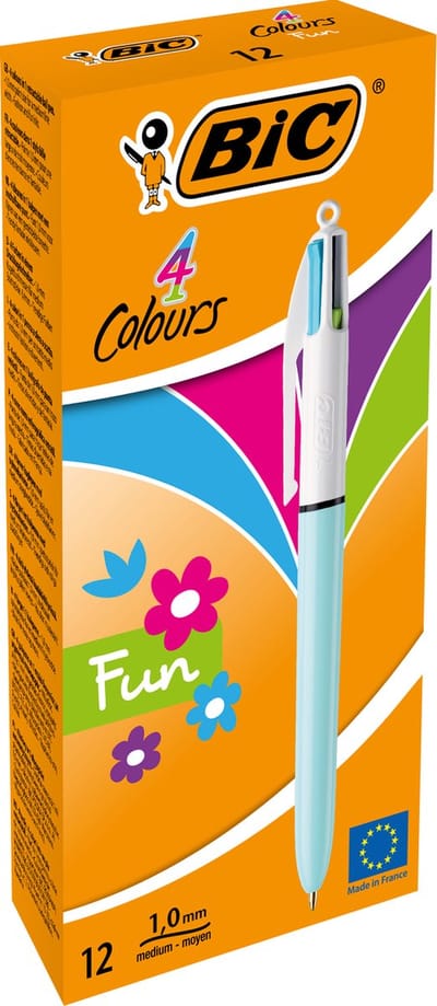 BIC 4 Kleuren Fun Uitschuifbare Balpennen - Roze Paarse Turquoise en Limoengroene Inkt - Hemelsblauw Omhulsel - Doos van 12 Stuks
