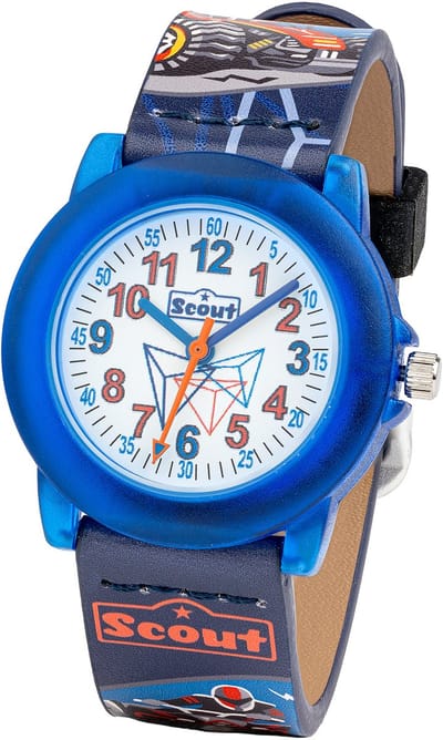 Scout Kinderuhr analog aus der Serie "Crystal" mit blau rotem Kunstlederband, Quad-Motiven und Quarzwerk