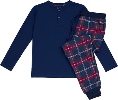 La-V pyjama sets voor jongens met geruite flanel broek en henlay kraag shirt - Donkerblauw / Rood 140-146