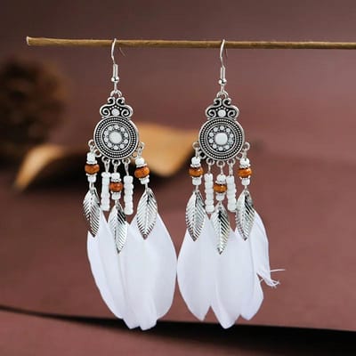 Boheemse etnische veer oorbellen voor vrouwen elegante houten kralen blad lange kwastjes bungel oorbel meisjes mode feest sieraden