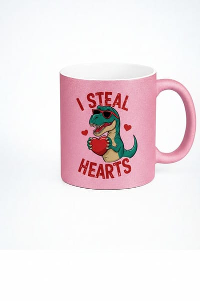 Roze Glitter Mok 'I Steal Hearts' met Coole T-Rex Dinosaurus en Hartjes - Uniek Valentijn Cadeau | Grappige Koffiemok