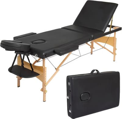 Inklapbare Massagetafel met 3 Secties en Draagtas - PU en Houten Constructie, Verstelbare Armleuningen en Afneembare Hoofdsteun