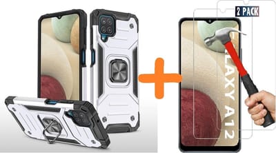 Hoesje Geschikt Voor Samsung Galaxy A12 Hoesje Heavy Duty Armor Hoesje Zliver - Galaxy A12 Case Kickstand Ring cover met Magnetisch Auto Mount- Hoesje Geschikt Voor Samsung Galaxy A12 screenprotector 2 pack