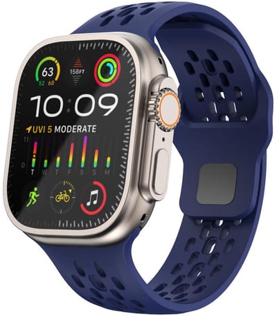 Siliconen bandje - geschikt voor Apple Watch 1/2/3/4/5/6/7/8/9/10/11/ SE (1,2,3) met maat 38 mm / 40 mm / 41 mm en 42 mm (Watch 10/11) - gaatjes met druksluiting - donkerblauw