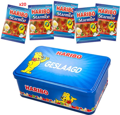 Haribo "Starmix" snoep mix 500g - Geslaagd - Tinnen blik met uitdeelsnoep in individuele verpakte snoepzakjes - Snoep traktatie - Afstudeercadeau