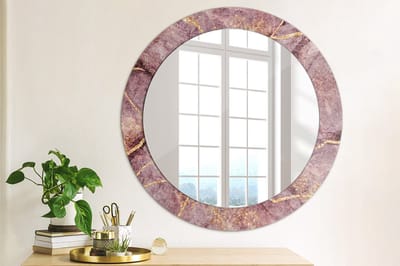 Wallfluent Bedrukte Ronde Spiegel - Ronde Spiegel Lijst Met Print Imitatiemarmer - 70 cm / 56 cm - Gouden - Gouden Ronde Spiegel Met Print - Badkamerspiegel - Gangspiegel - Eetkamer - Spiegel Met Haken