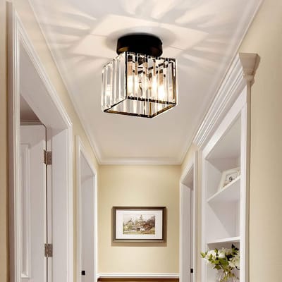 Moderne Zwarte LED Plafondlamp met Kristallen – Vierkante Kroonluchter E27 – Luxe Hanglamp voor Woonkamer, Keuken, Slaapkamer of Hal