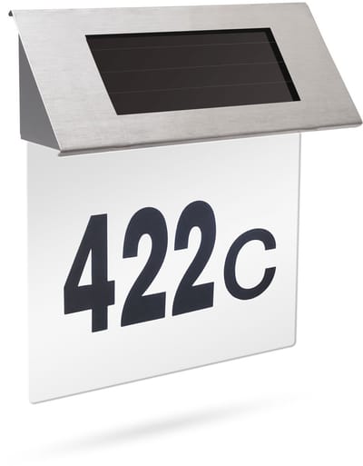 Zonne-Energie Solar Huisnummerlamp van RVS – Verlicht Nummerbord Huis - Koel Wit LED Licht – Automatisch Aan/Uit – Draadloos – Weerbestendig – Inclusief Nummerstickers (0-9, A-H) – 19 x 18,5 x 5 cm [11446B]