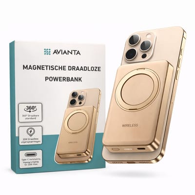 Avianta Magnetische Powerbank 10.000 mAh - Geschikt voor MagSafe - Draadloze Snellader 15W - Met Ringstandaard - Compatibel met iPhone & Android - Compact Noodpakket - Goud