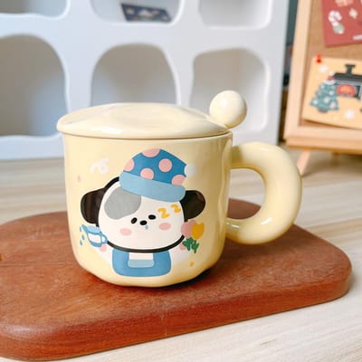 Tasse Mug en Céramique Couple de Chiots Dessin Animé Mignon Tasse à Eau Filles Garçons Cadeau Souvenir avec Couvercle Cuillère 340ml