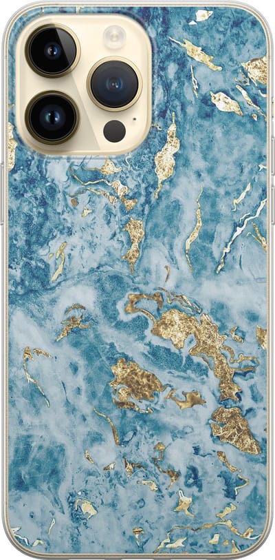 Leuke Telefoonhoesjes - Hoesje geschikt voor iPhone 14 Pro Max - Goud blauw marmer - Soft case - TPU - Marmer - Blauw, Goud
