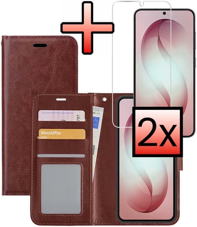 Hoesje - Met 2x Screenprotector - Geschikt voor Samsung Galaxy S26 - Luxe Pasjeshouder - Bookcase Portemonee - Flip Case - Kunstleer Book Case - Flipcase Hoes - Book Cover - Walletcase - Portemonneehoes - Bruin