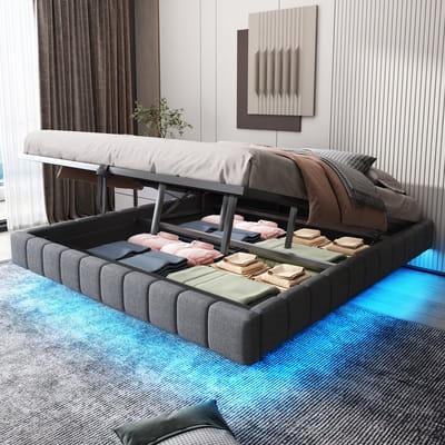 Wishdor Opbergbed 180x200 cm – Zwevend Effect & LED – Hydraulische Opbergruimte – Zonder Hoofdbord – Linnen Grijs – Zwevend Modern Bed