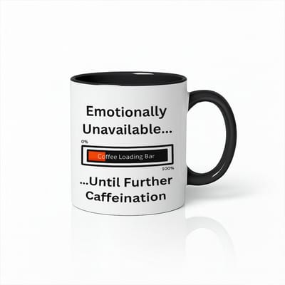 Grappige Coffee Loading Mok 330ml – Wit-Zwarte Koffiemok met “Emotionally Unavailable Until Further Caffeination” Humoristische Tekst