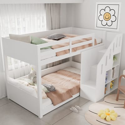 Wishdor Laag Stapelbed met Trap - Vloerbed en Uitvalbeveiliging - Massief Hout - Wit - 251x96,5x131 cm