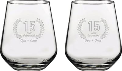 Gegraveerde set Drinkglazen 42,5cl Opa + Oma 15 jaar getrouwd