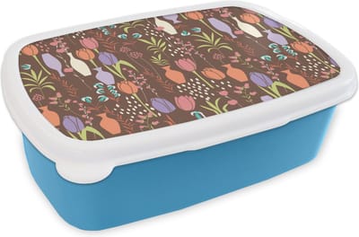 Broodtrommel Blauw - Lunchbox - Brooddoos - Bloemen - Vaas - Patronen - 18x12x6 cm - Kinderen - Jongen