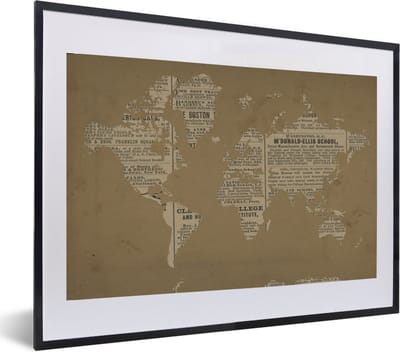 Poster in lijst - Fotolijst 60x40 cm - Posters - Wereldkaart - Vintage - Krantenpapier - Posterlijst zwart - Decoratie - Wanddecoratie woonkamer - Muurdecoratie slaapkamer