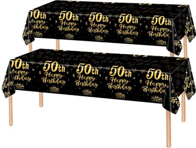 2x Tafelkleed Laken 50 Jaar Verjaardag Versiering Tafeldecoratie Feest Goud/Zwart Tafellaken Plastic Tafelzeil 274*137cm
