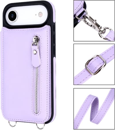 Casemania Hoesje Geschikt voor Apple iPhone 17 Air - Paars - Luxe Back Cover met Koord en Rits - Wallet Case met Pasjeshouder - Lanyard Telefoonhoes - Cord Case