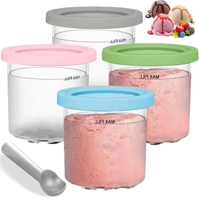 Set van 4 ijsbekers met deksel - creamihouder voor de Ninja Creami-ijsmachine - tubs-accessoires - NC301 NC300 - NC299AMZ-serie - ijsschep inbegrepen