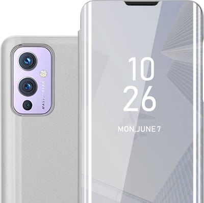 Cadorabo Hoesje geschikt voor OnePlus 9 in AGAAT ZILVER - Clear View Spiegel Beschermende Case met Tribunefunctie 360 Graden Bescherming Book Case Cover Etui