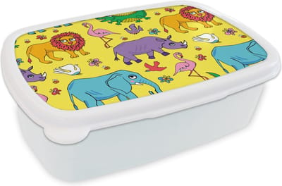 Broodtrommel Wit - Lunchbox - Brooddoos - Flamingo - Dieren - Patroon - 18x12x6 cm - Volwassenen