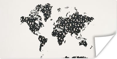 Wereldkaart Muur - Wereldkaart - Cijfers - Zwart - 40x20 cm - Poster