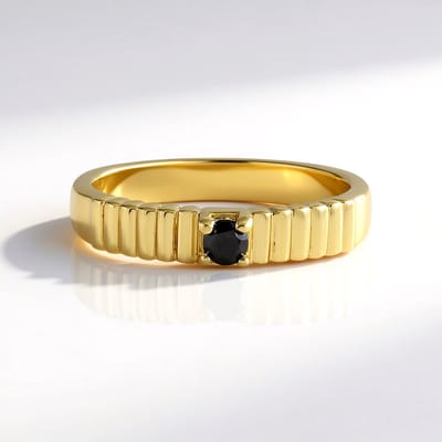 Cavill - 925 Sterling Zilveren ring - Zwarte diamant 0,108 ct - Verguld - Minimalistisch design met verticale groeven - Ronde briljant 3 mm