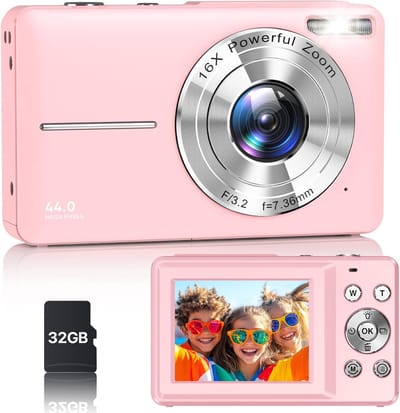 Camera - Digitale Camera - Professionele FHD 1080P Digitale Camera voor Kinderen & Tieners - 44MP Fototoestel met 32GB SD-Kaart - 16X Zoom Compactcamera - Vlog Camera met Webcam Functie - Roze