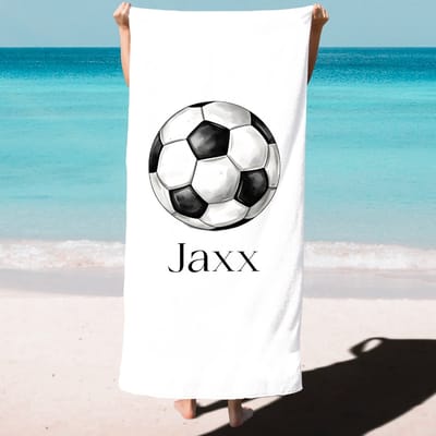Gepersonaliseerde strandlaken met geweldige kinderprints met naam voor jongens en meisjes - Voetbal