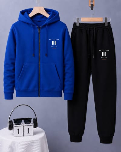 Trainingspak Heren met Rits - Joggingpak Heren Volwassenen - Heren Huispak – Amsterdam EST.020 Design - Blauw - S