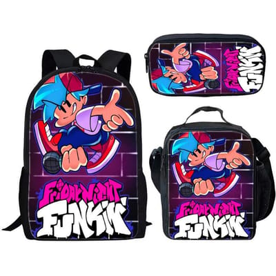 Friday Night Funkin 3-delige set voor kinderen en basisschoolleerlingen, rugzak met grote inhoud, lunchtas, etui