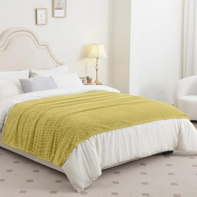 Extra Zachte Pluizige Fleece Knuffeldeken met Slangenlijn – Microvezel Decke voor Kantoor, Stoel en Camping – 130 x 150 cm – Mosterdgeel
