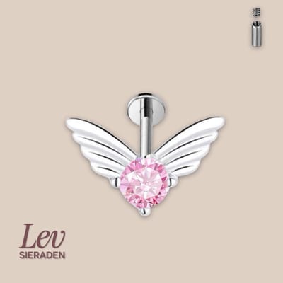 Lev Sieraden - Titanium anglewings labret met roze steen - 1.2x8mm - Zilver - Intern geschroefd - Internally treaded