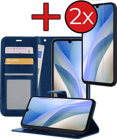 Hoesje - Met 2x Screenprotector - Geschikt voor Samsung Galaxy A15 - Luxe Pasjeshouder - Flip Case - Bookcase Portemonee - Kunstleer Book Case - Flipcase Hoes - Book Cover - Walletcase - Portemonneehoes - Telefoonhoes - Donkerblauw