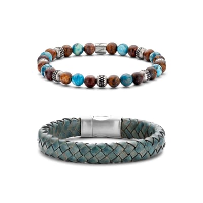 Frank 1967 7FR-SET039 Armbanden Set - 2 Armbanden - Cadeau voor hem - 23 cm - Fashion - Stoer - Leer - Turkoois - Bruin