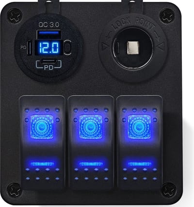 ProRide Schakelpaneel 12V voor Auto/Boot - USB C Lader 3 poorten met Sigaretten stopcontact - QC3.0 - 3 schakelaars