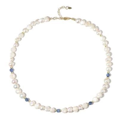 Cavill - Zilveren Halsketting - 925 Sterling Zilver Verguld - 11,08 Ct Witte Zoetwaterparel - 7,13 Ct Kyaniet & Gouden Hematiet - Verstelbaar 45-50 cm