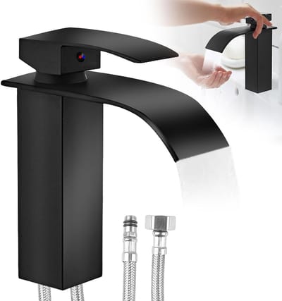 Zwarte Matte Waterval Kraan voor Badkamer met Vingerafdrukbescherming, Enkele Hendel Mengkraan en 60 cm RVS Slang, DVGW Goedgekeurd voor Badkamergebruik