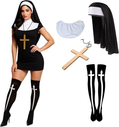 Joya Party® | Verkleedaccessoires Non volwassenen | Sexy Nonnen verkleedset Halloween | 5-delige set met hoofddoek | kraag | kruisketting | lange sokken | Stretch | one size