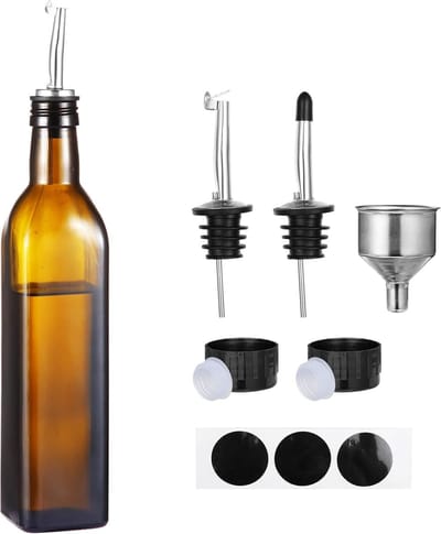 Oliefles, 500ml olijfoliefles met trechter, automatische dekselschakelaar azijn- en oliedispenser glazen fles, lekvrij en vaatwasmachinebestendig - 1 stuk bruin