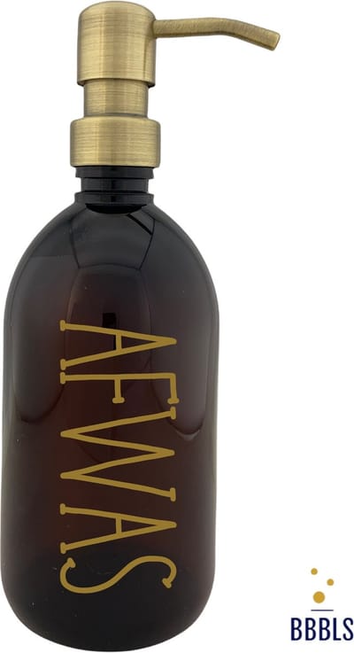 BBBLS® Design Dispenser "Afwas" | Bruin Kunststof | 500ml | RVS / Metaal Pomp Goud | Zeeppomp | Zeepdispenser | Zeephouder