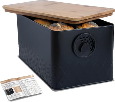 Broodtrommel Metaal - Broodbox Bamboe - Brood Vers Houden - Verstelbare Ventilatie - 33 x 18 x 16 cm - Zwart