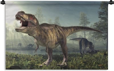 Wandkleed Dinosaurus illustratie - Een computerillustratie van een Tyrannosaurus in een veld Wandkleed katoen 180x120 cm - Wandtapijt met foto XXL / Groot formaat!